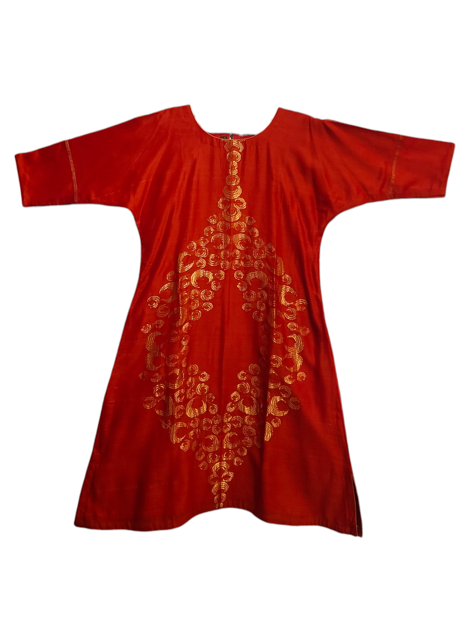 Red dress with gold embroidery on a white background