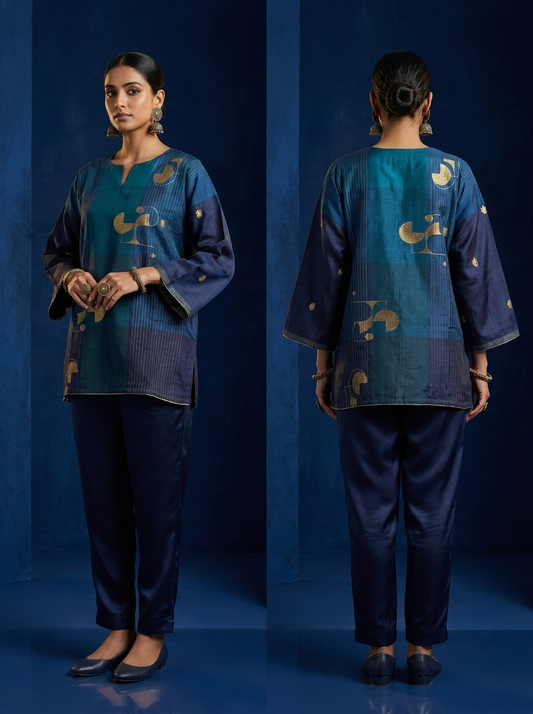 SemiStitched zariwoven peacock blue chanderi Tunic
