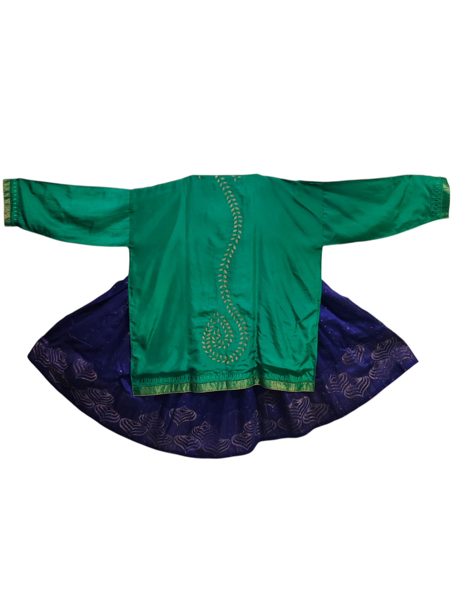 Green and purple traditional skirt set with intricate patterns on a white background