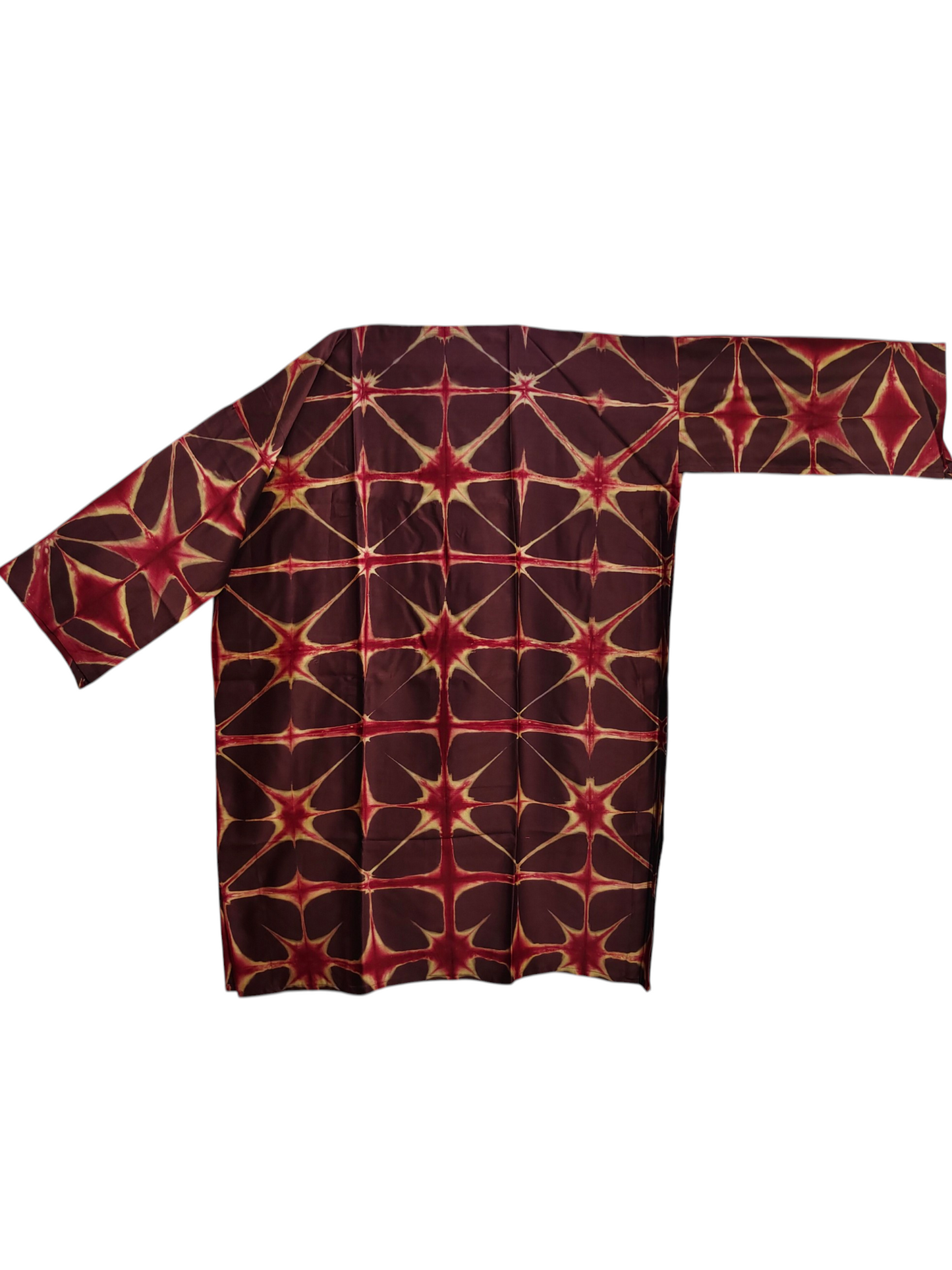 Brown shirt with red geometric pattern on a white background