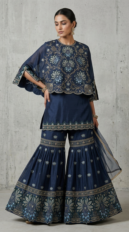 Charcoal Embroidered Georgette  | Couture Sharara Set