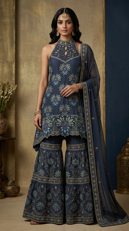 Terracotta Rust Embroidered Georgette | Couture Sharara Set