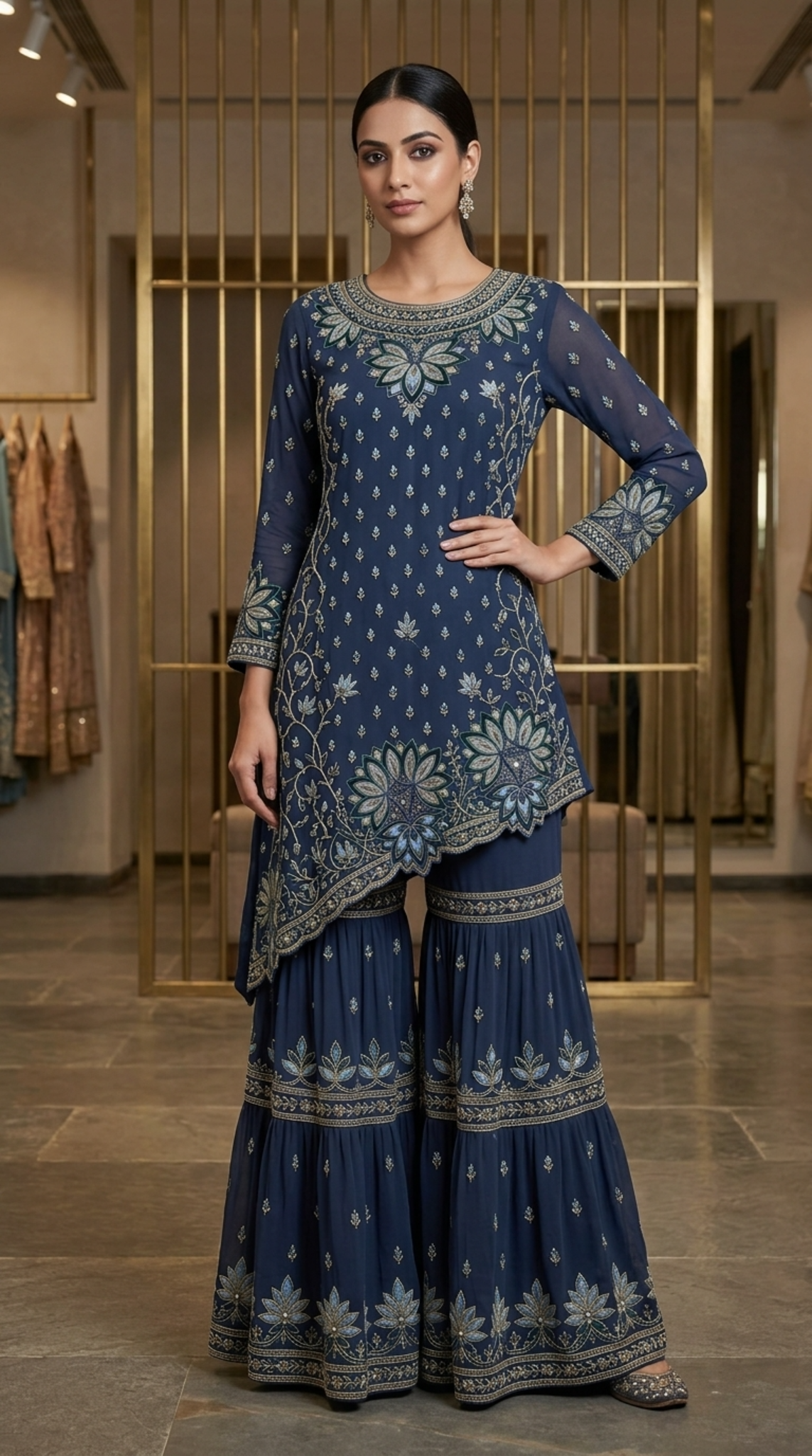 Olive Green Floral Embellished | Couture Sharara Set