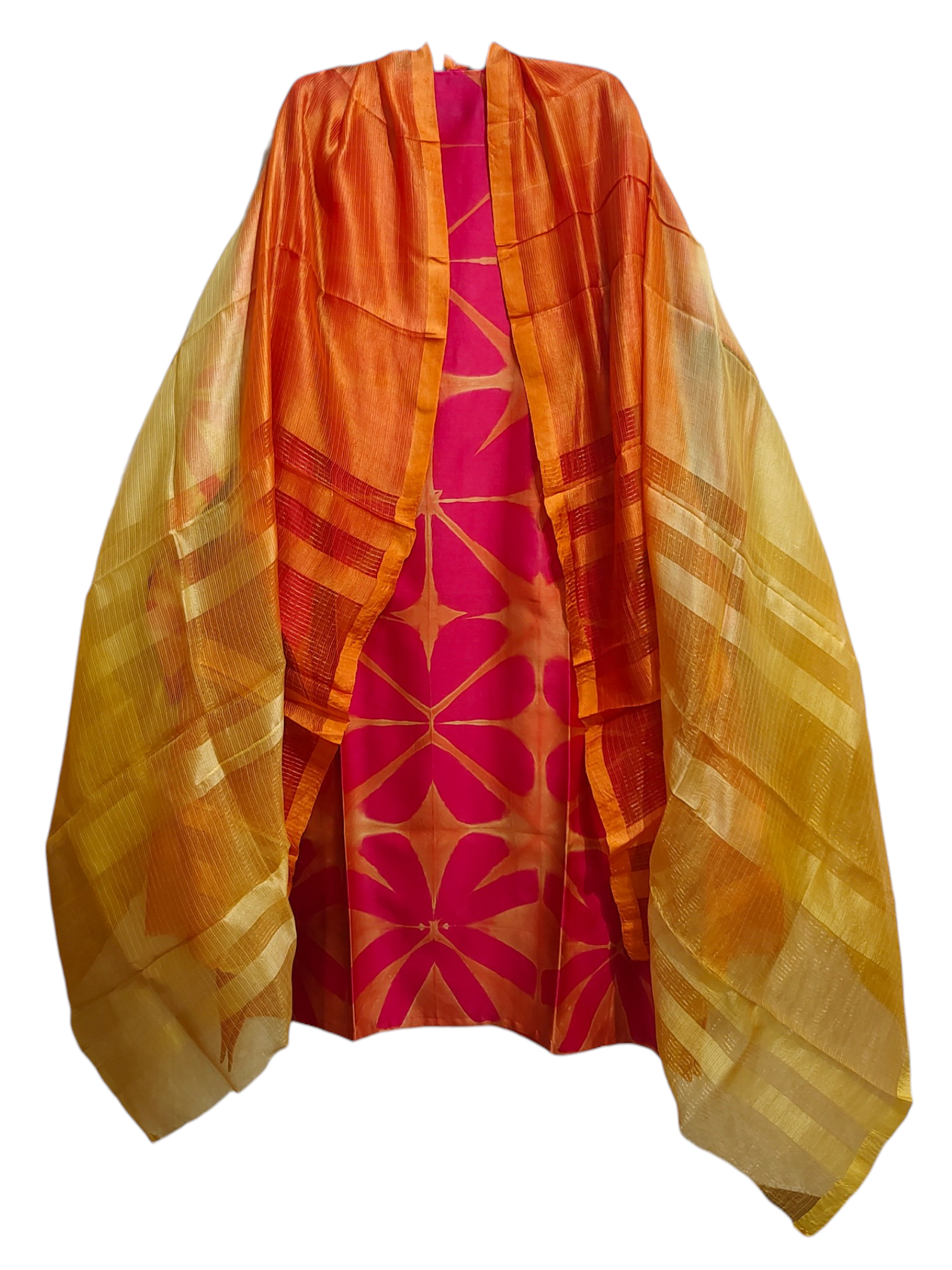 Orange and pink patterned kurta with a white background