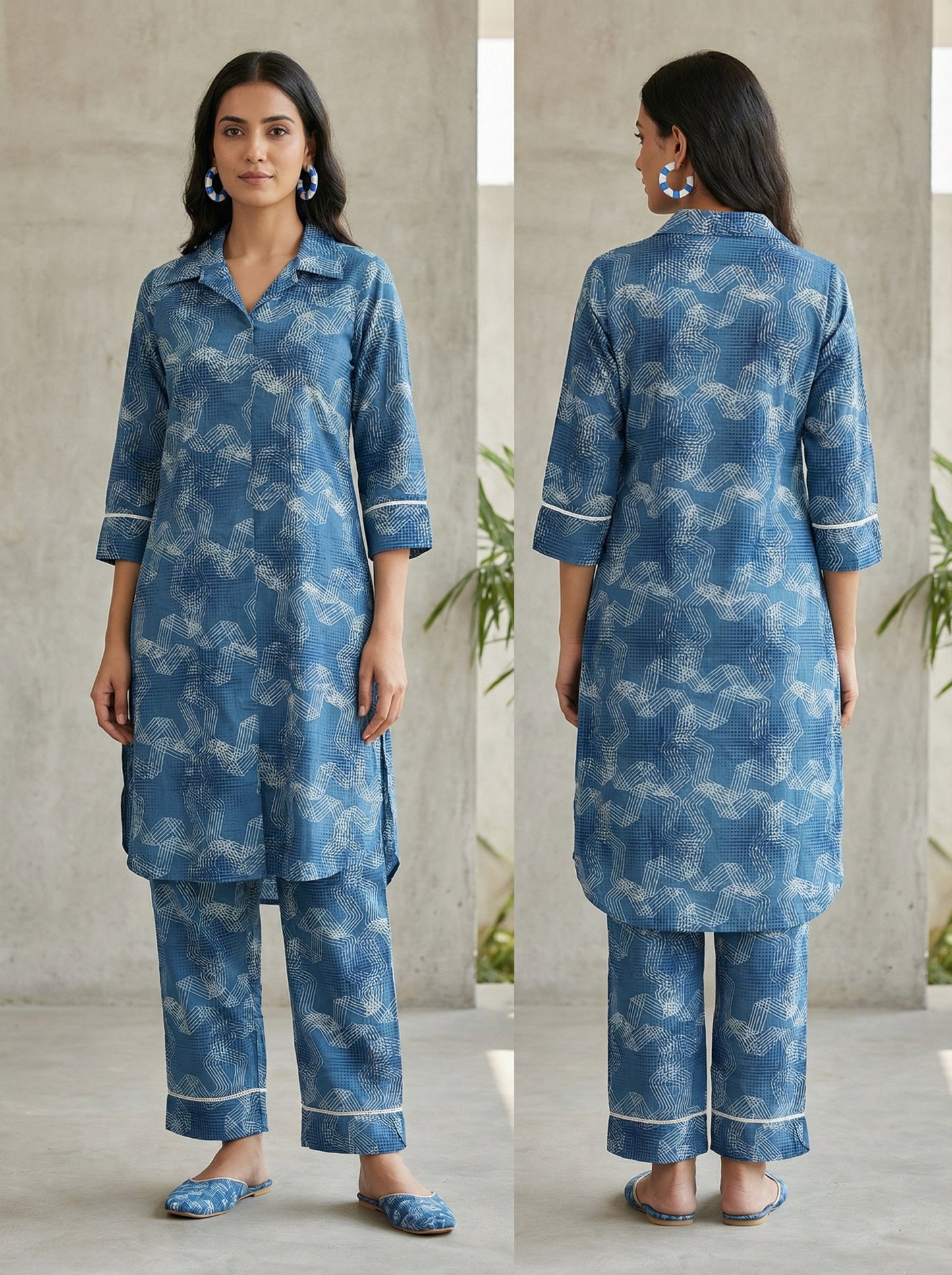 Stitched Cotton Indigo blockprinted coordset