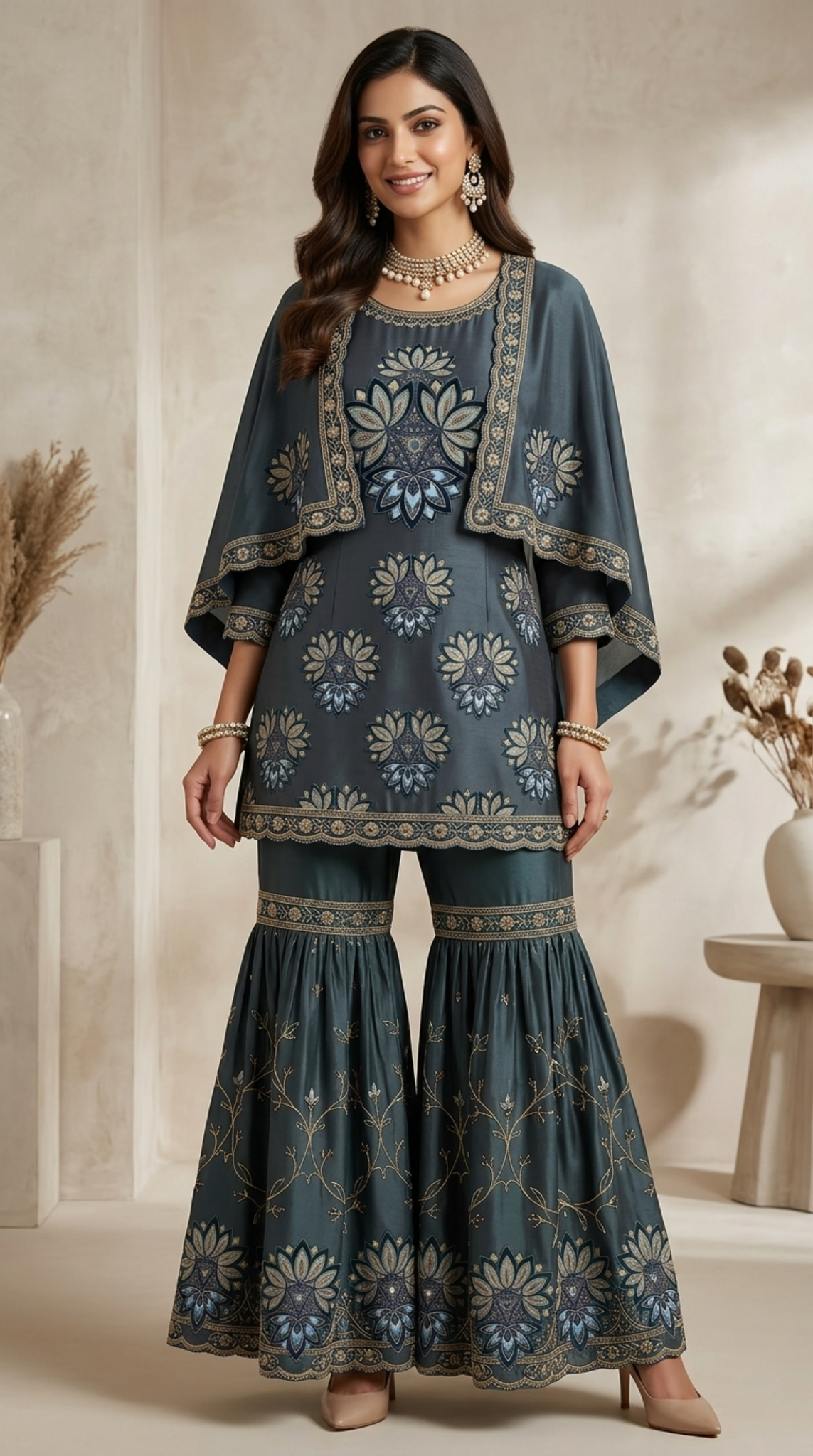 Deep Plum Floral Embroidered Georgette | Couture Sharara Set