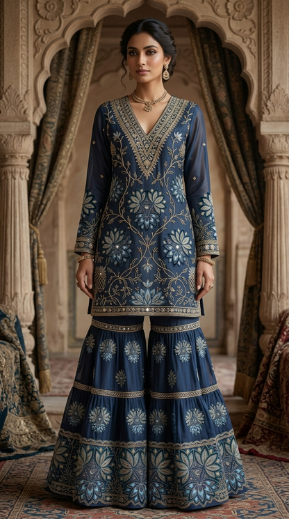 Terracotta Floral Embroidered  | Couture Sharara Set