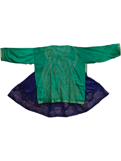 Green and purple traditional skirt set with intricate patterns on a white background