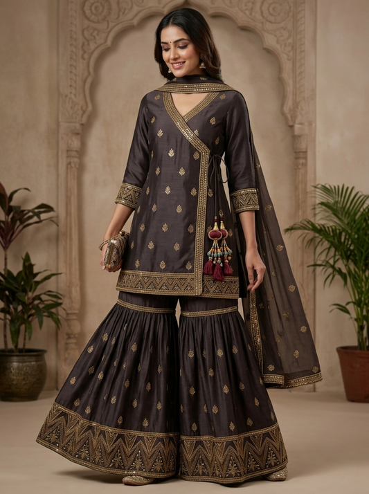 Embroidered Georgette Angrakha Style | Couture Sharara Set