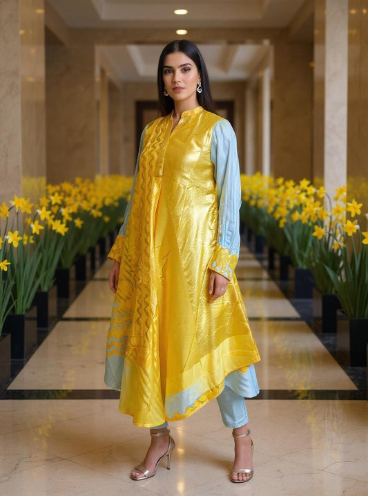 Woman in a yellow and light blue traditional dress standing in a hallway with decorative flowers.