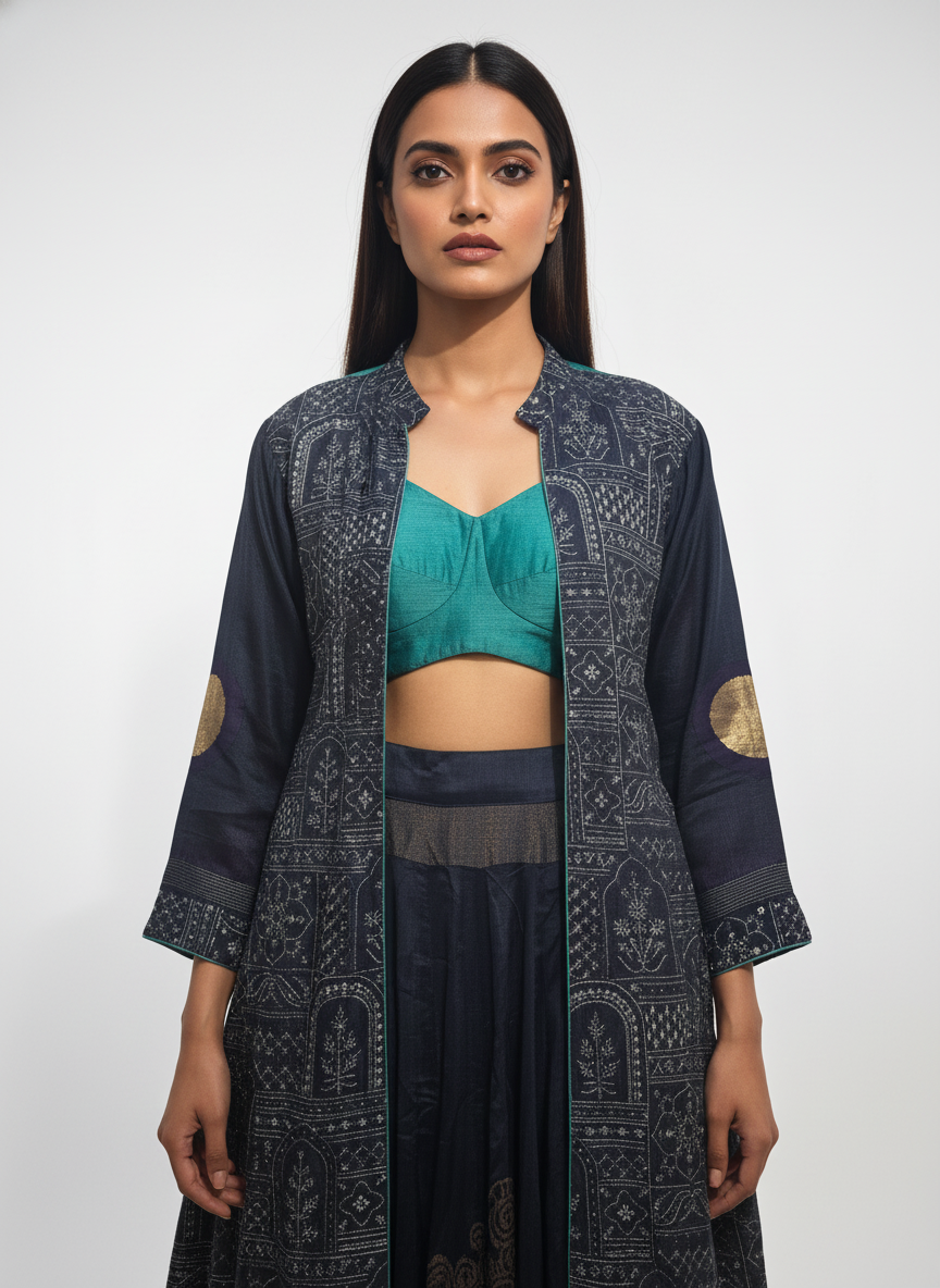 Stitched Chanderi long Jacket with skirt VISHAL KAPUR STUDIO