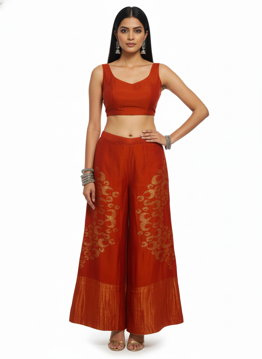 Woman wearing a traditional red plazzo pant with  designs on a white background