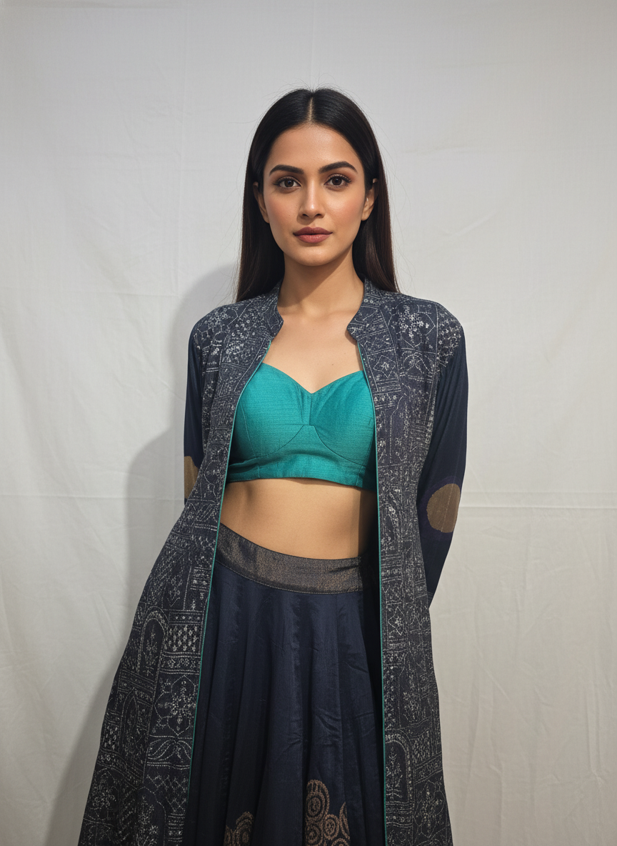 Stitched Chanderi long Jacket with skirt VISHAL KAPUR STUDIO