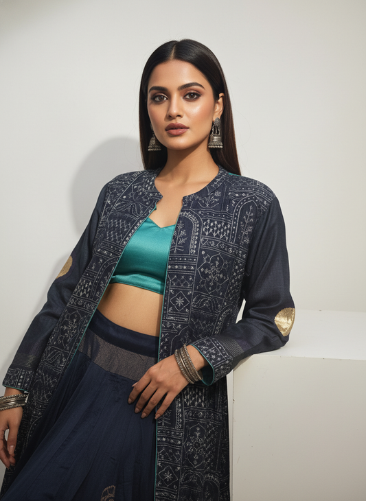 Stitched Chanderi long Jacket with skirt VISHAL KAPUR STUDIO