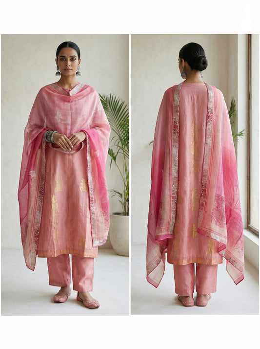 Semi Stitched Casual Chanderi Suitset