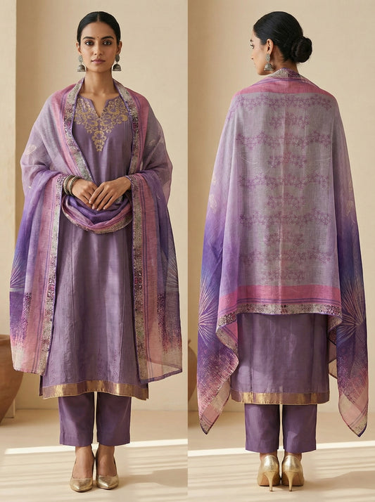 Semi Stitched Casual Chanderi Suitset
