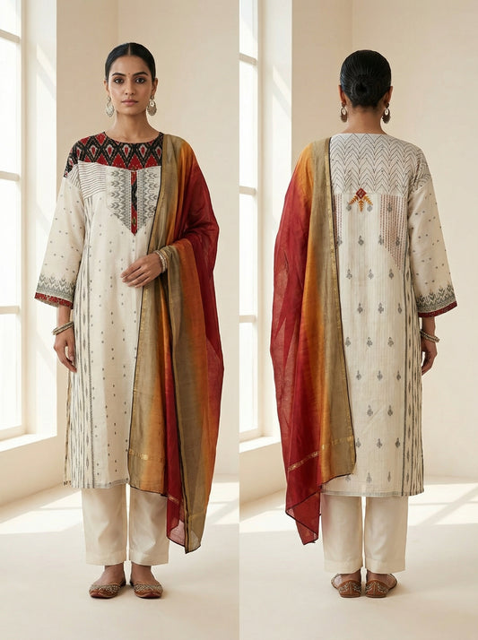 Semi Stitched Formal Jaamdani cotton Suitset