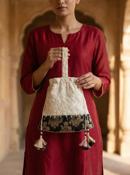 Eira Ivory Textured Bustier Potli with Brocade Floral Border