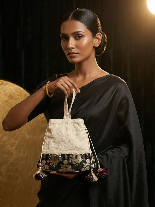 Eira Ivory Textured Bustier Potli with Brocade Floral Border