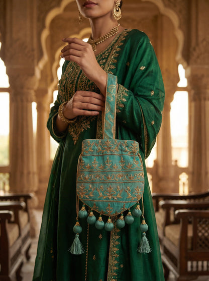 Meher Teal Aari Embroidered Potli