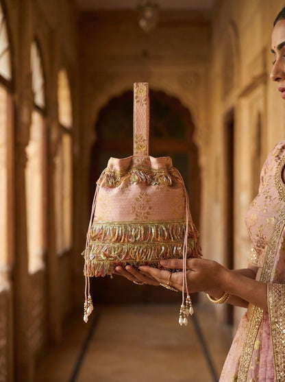 Saanjh Blush Gold Embroidered Fringe Potli