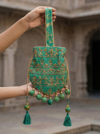 Ayaan Emerald Gold Embroidered Festive Potli