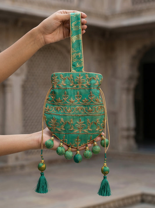 Ayaan Emerald Gold Embroidered Festive Potli