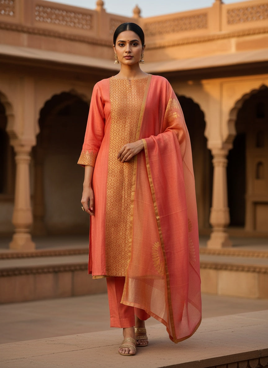 Woman in a peach traditional suit standing in front of architectural background